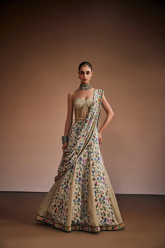 Stylish Corset Paired With Floral Lehenga And Dupatta