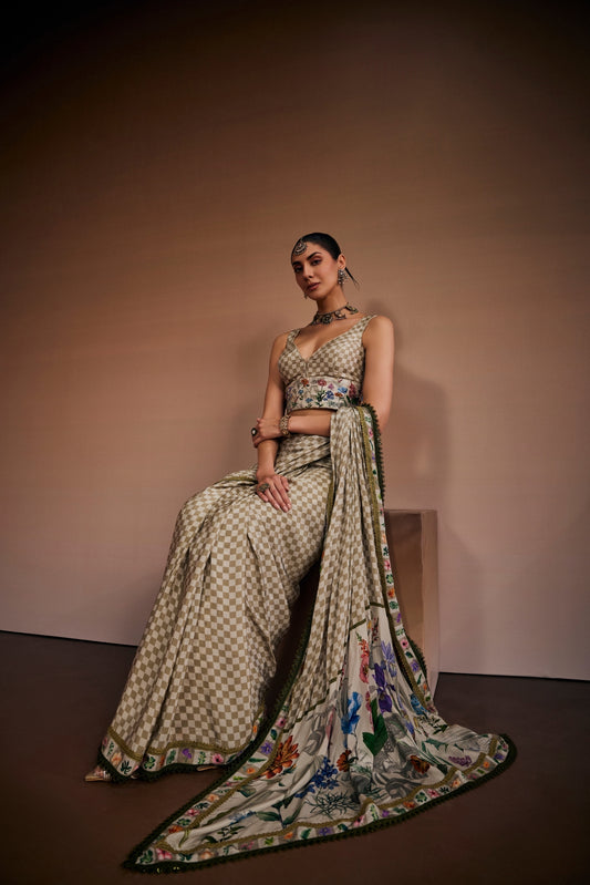 Beige Saree Inspired With Checks And Floral Prints.
