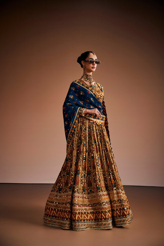 Multi color printed Anarkali Paired With Blue Dupatta