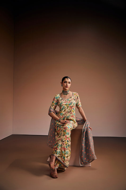 Beige Printed Floral Kurta Set