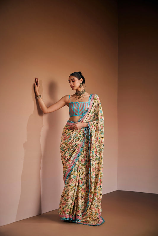 Printed Cream Floral Saree Set