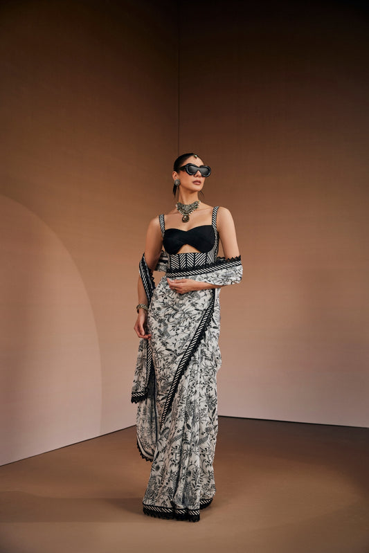 Black And White Printed Saree With Corset Blouse
