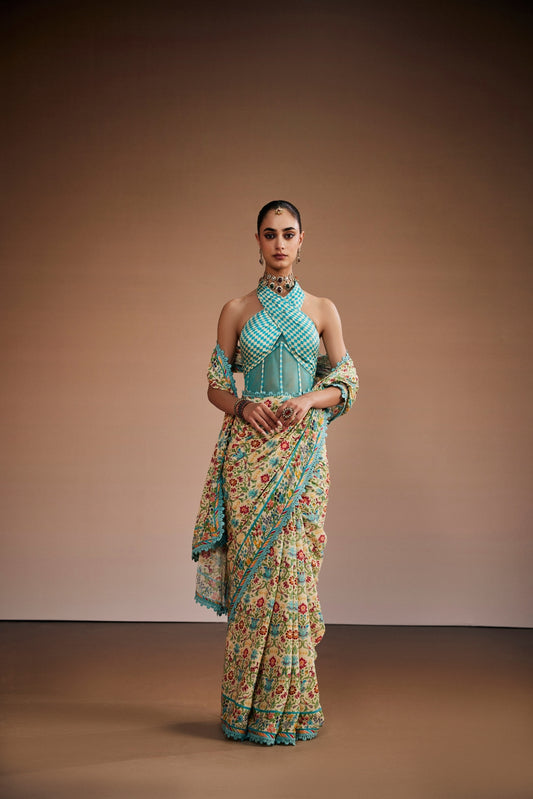 Floral Printed Saree Set With Sky Blue Blouse