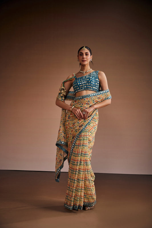 Beige Floral And Checks Printed Saree Set