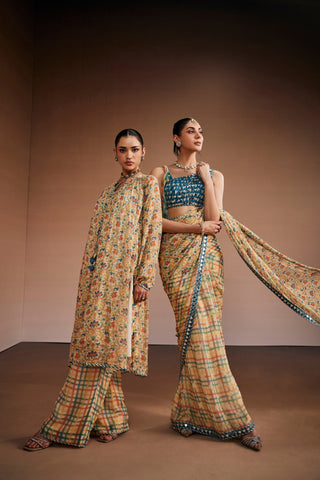 Beige Floral And Checks Printed Saree Set