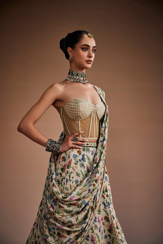 Stylish Corset Paired With Floral Lehenga And Dupatta
