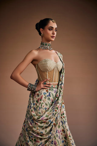 Stylish Corset Paired With Floral Lehenga And Dupatta