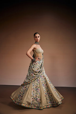 Stylish Corset Paired With Floral Lehenga And Dupatta