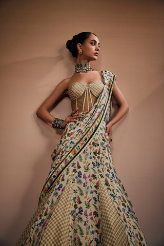 Stylish Corset Paired With Floral Lehenga And Dupatta