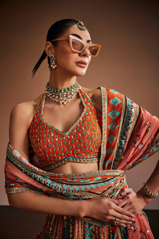Orange And Blue Printed Lehenga Set With Embellishments
