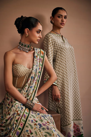 Beige Saree Inspired With Checks And Floral Prints.