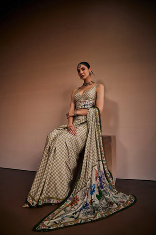 Beige Saree Inspired With Checks And Floral Prints.