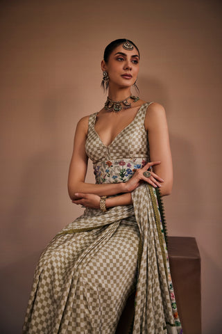 Beige Saree Inspired With Checks And Floral Prints.