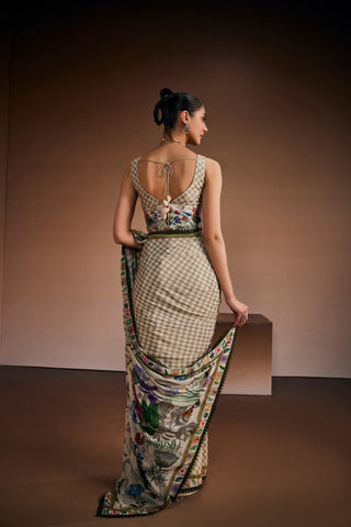 Beige Saree Inspired With Checks And Floral Prints.