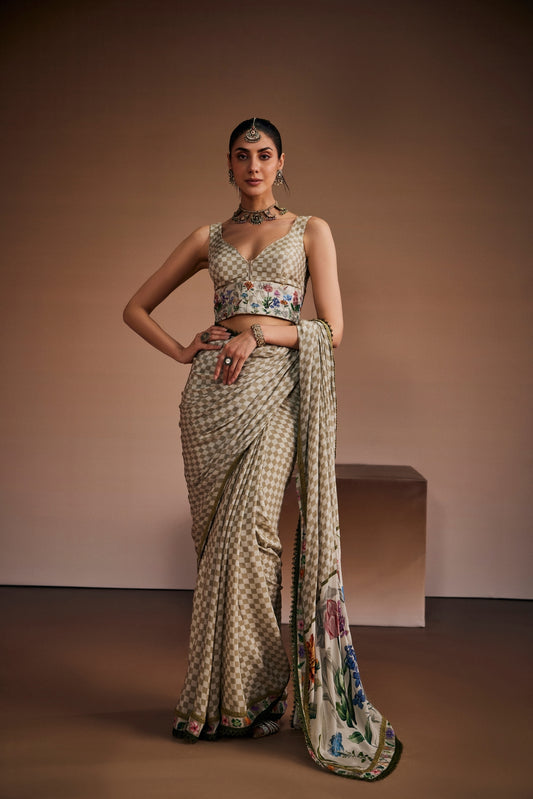 Beige Saree Inspired With Checks And Floral Prints.