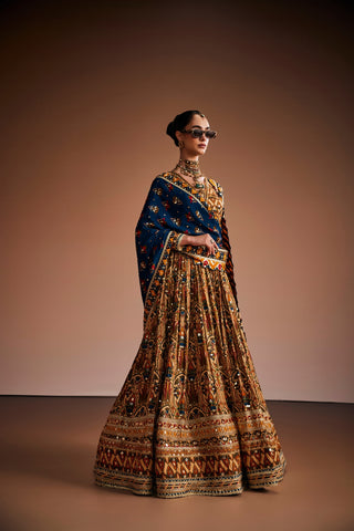 Multi color printed Anarkali Paired With Blue Dupatta