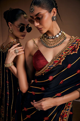 Black And Red Floral Printed Saree Set