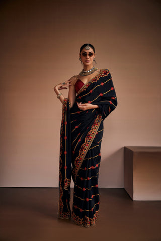 Black And Red Floral Printed Saree Set