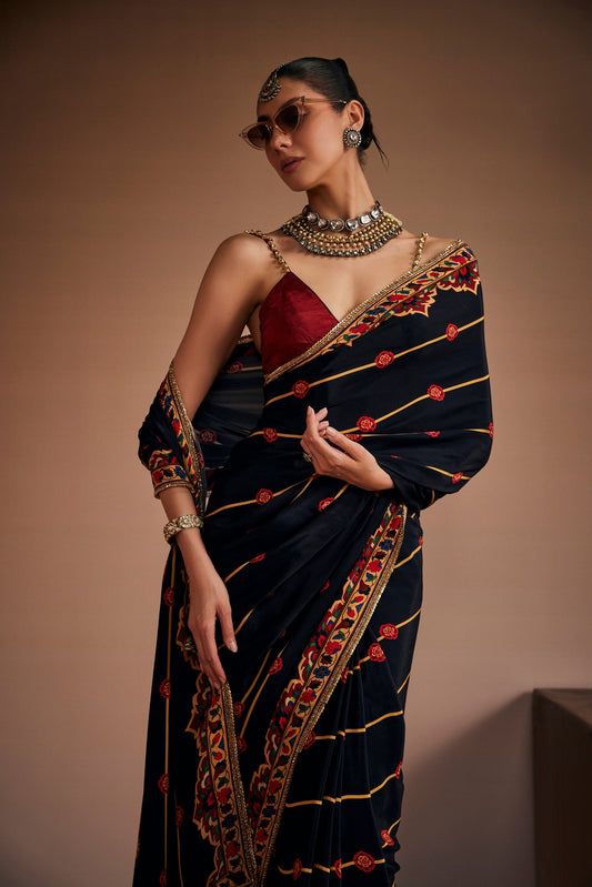 Black And Red Floral Printed Saree Set
