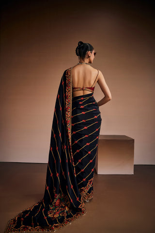 Black And Red Floral Printed Saree Set