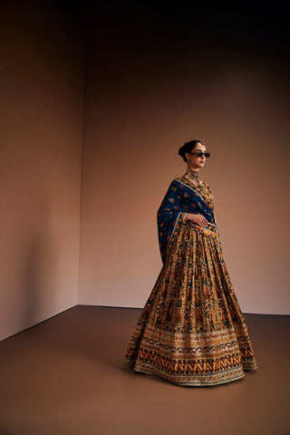 Multi color printed Anarkali Paired With Blue Dupatta