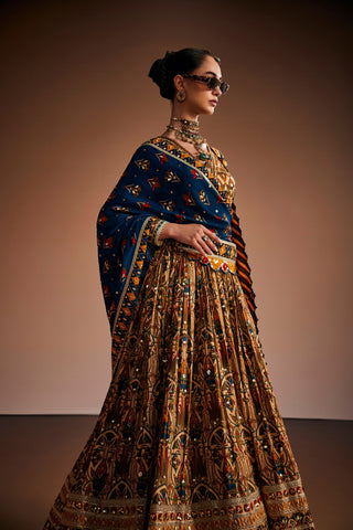 Multi color printed Anarkali Paired With Blue Dupatta