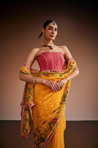 Yellow Printed Saree With Pink Corset