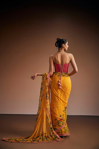 Yellow Printed Saree With Pink Corset