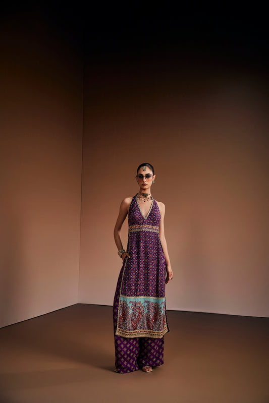 Deep purple halter neck kurta paired with palazzo pants