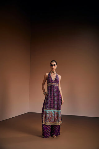 Deep purple halter neck kurta paired with palazzo pants