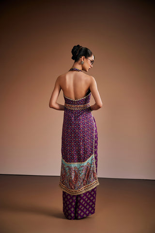 Deep purple halter neck kurta paired with palazzo pants