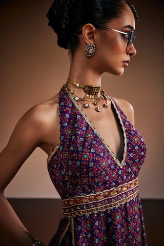 Deep purple halter neck kurta paired with palazzo pants