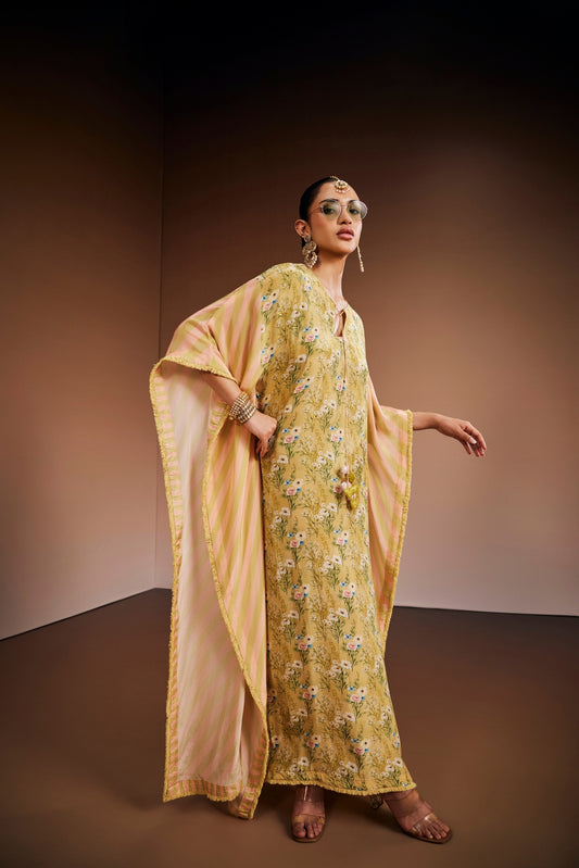 Green Printed Floral Kaftan