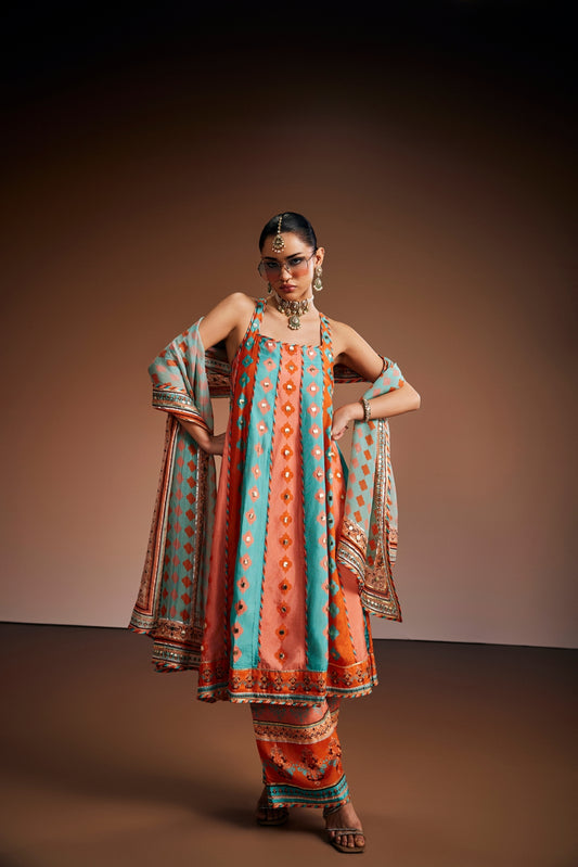 Orange And Blue Kurta Set