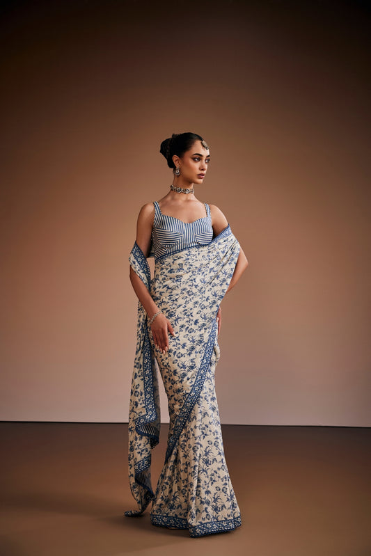 Off- White And Blue Floral Printed Saree Set