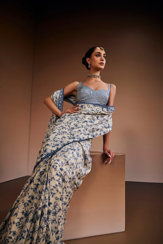 Off- White And Blue Floral Printed Saree Set