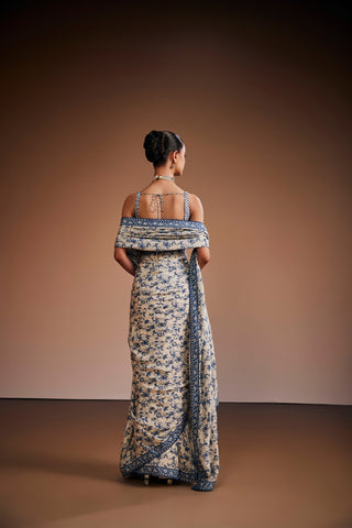 Off- White And Blue Floral Printed Saree Set