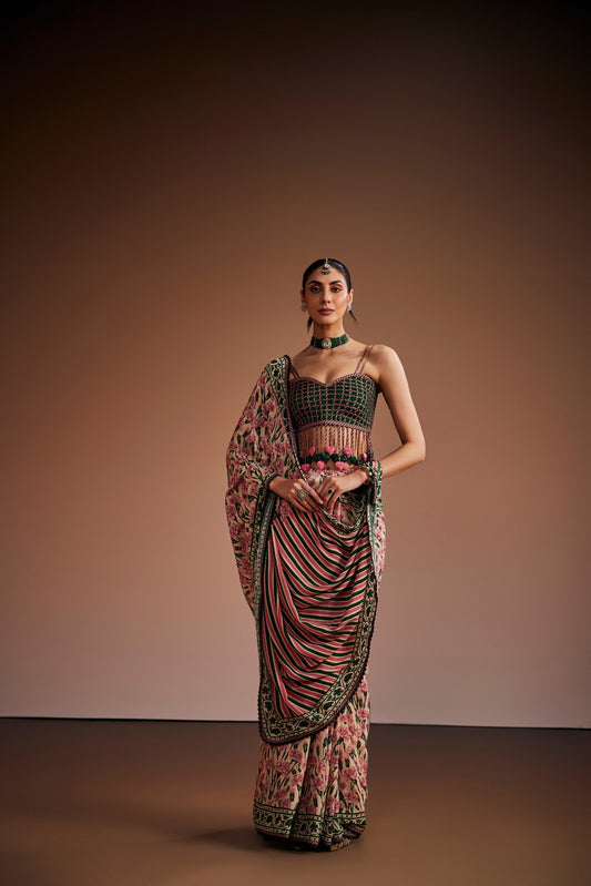 Floral Print With Heart Embellished Saree Set