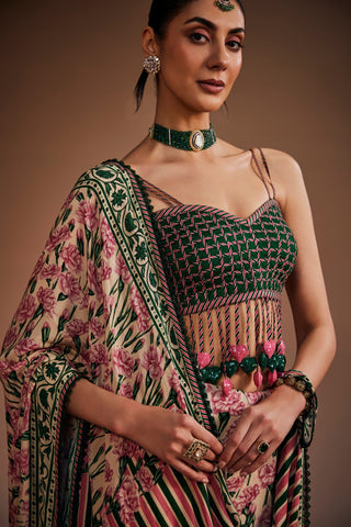 Floral Print With Heart Embellished Saree Set