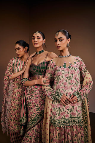 Floral Print With Heart Embellished Saree Set