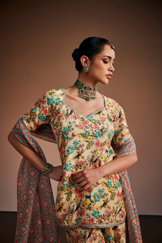 Beige Printed Floral Kurta Set