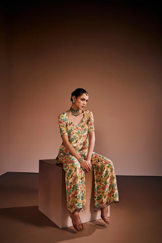 Beige Printed Floral Kurta Set