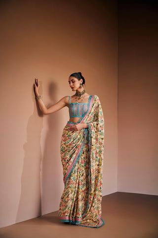 Printed Cream Floral Saree Set