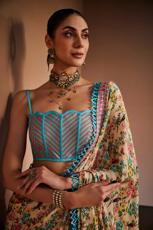 Printed Cream Floral Saree Set