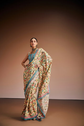 Printed Cream Floral Saree Set