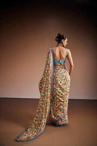 Printed Cream Floral Saree Set