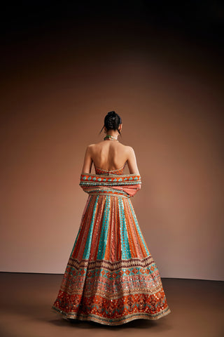 Orange And Blue Printed Lehenga Set With Embellishments