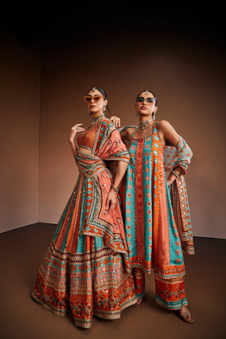 Orange And Blue Printed Lehenga Set With Embellishments