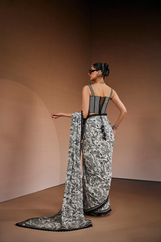 Black And White Printed Saree With Corset Blouse