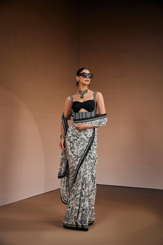 Black And White Printed Saree With Corset Blouse